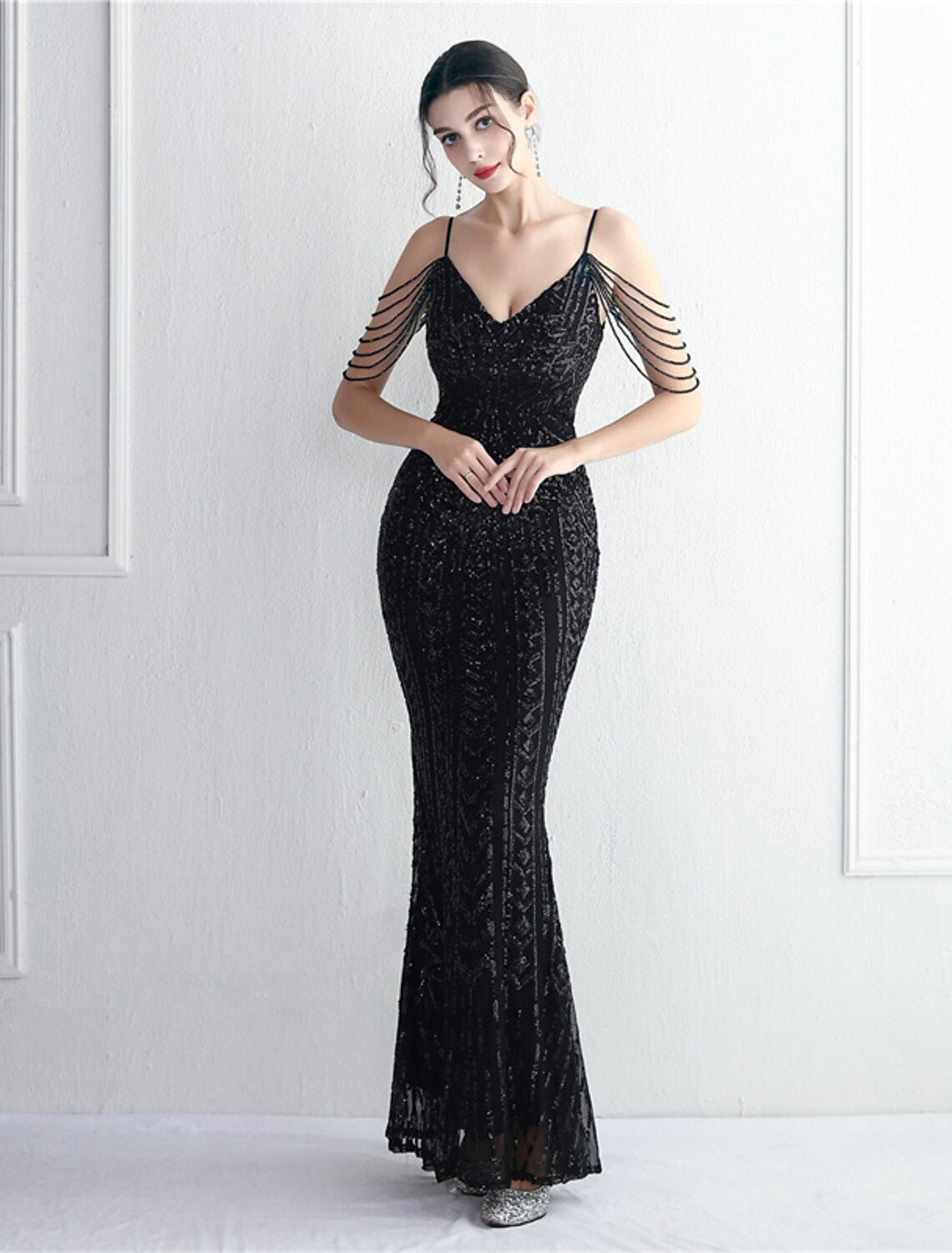 Mermaid / Trumpet Evening Gown Sparkle & Shine Dress Formal Floor Length Short Sleeve Spaghetti Strap Polyester with Beading