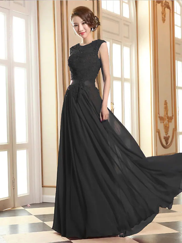 A-Line Evening Gown High Waisted Prom Dress Bridesmaid Wedding Guest Chiffon Floor Length Sleeveless Illusion Neck Georgette