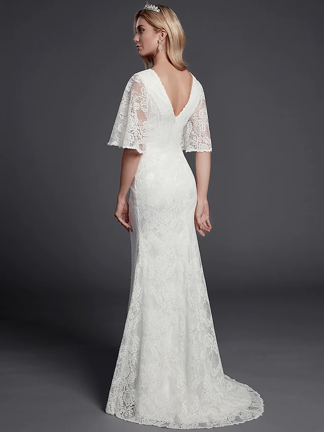 Long Wedding Dresses V Neck Lace Half Sleeve Beautiful Back with Lace