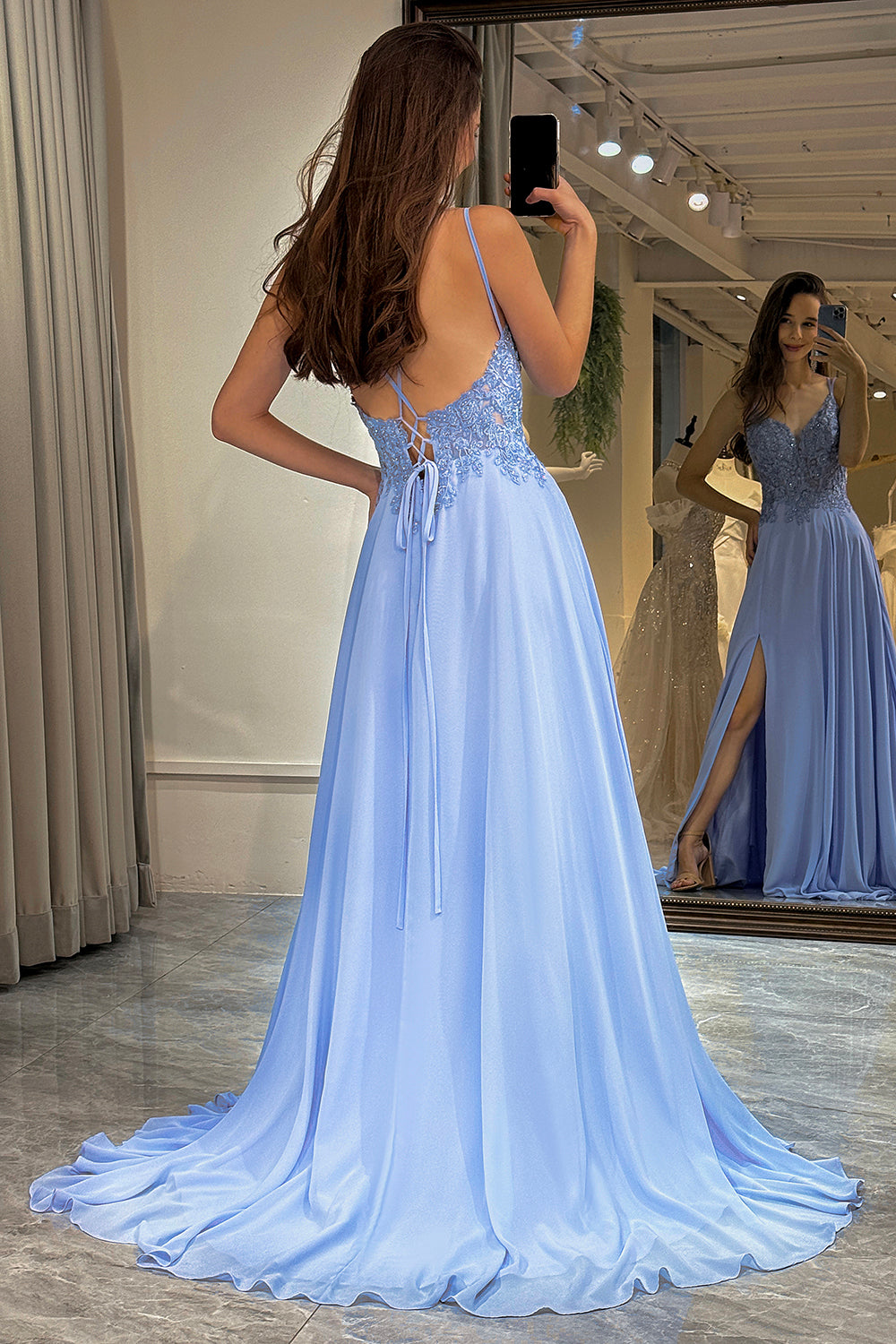 Sparkly Lavender Long Beaded Prom Dress With Appliques V-neck With Slit