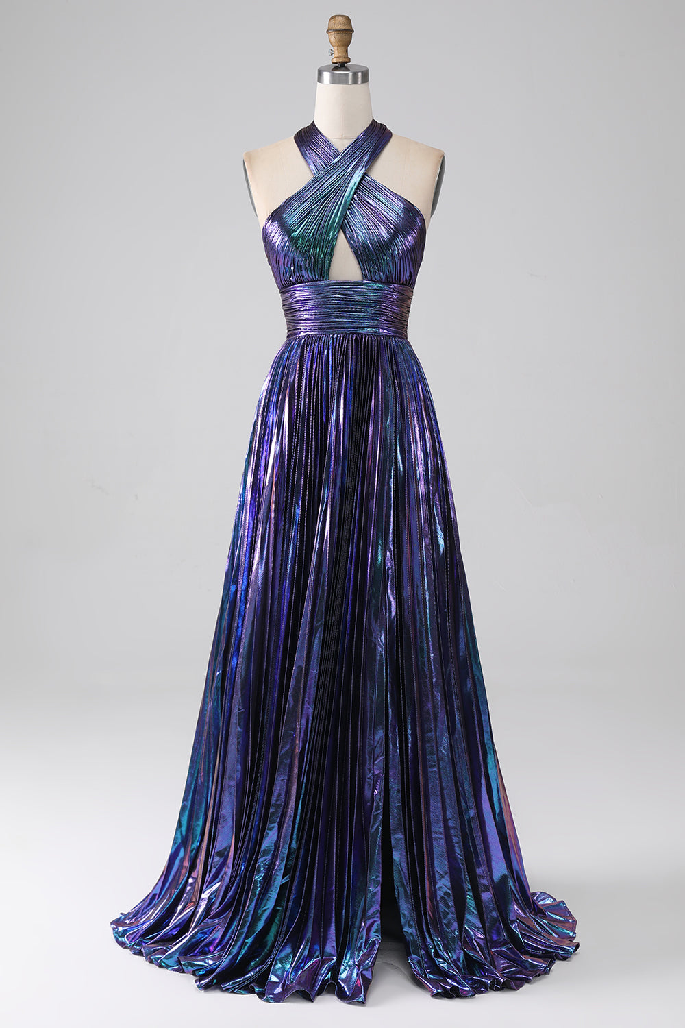Sparkly Purple A-Line Halter Pleated Prom Dress with Slit Sexy Evening Dresses