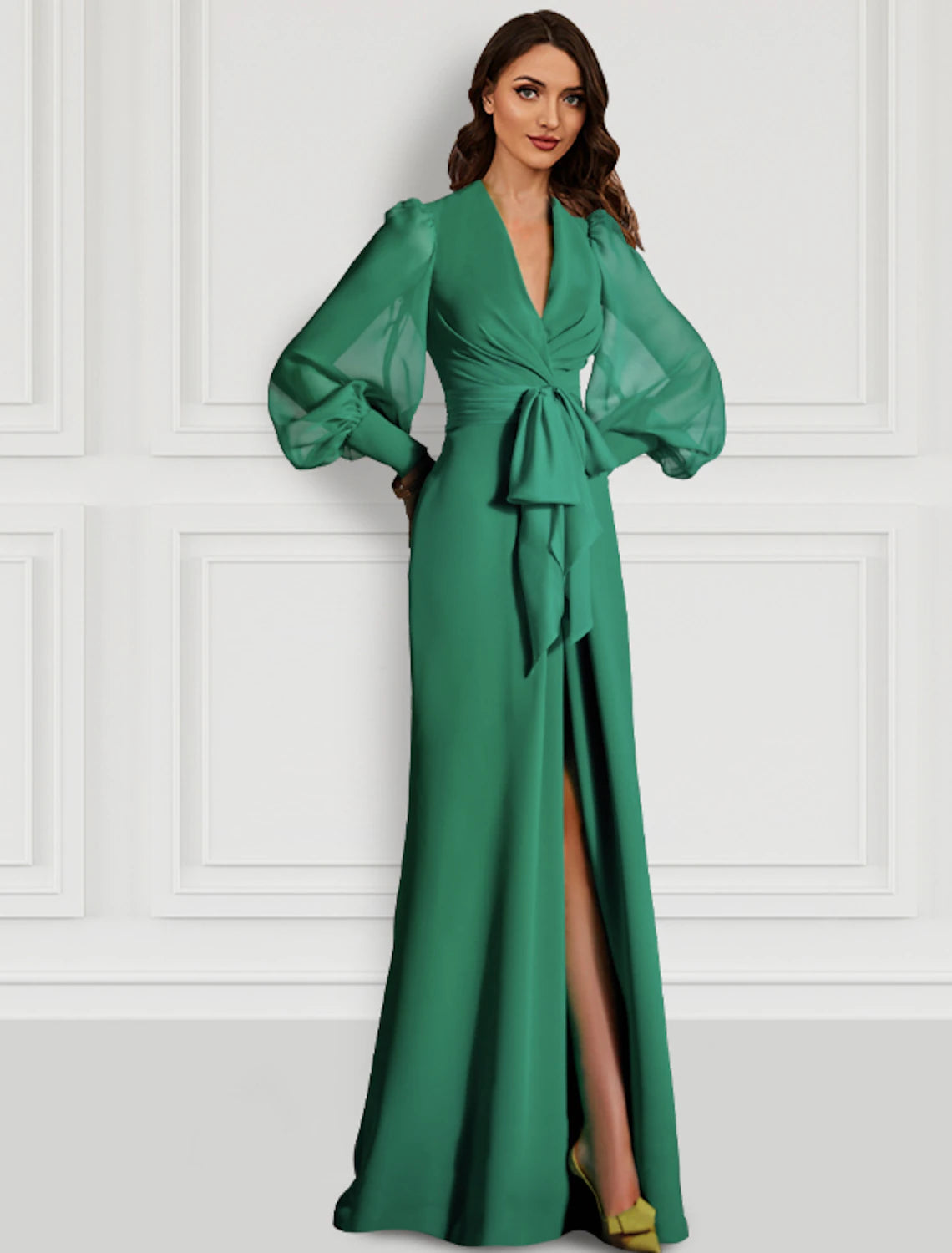 Sheath Evening Gown Sage Mother Elegant Dress Formal Sweep / Brush Train Long Sleeve V Neck Chiffon with Slit