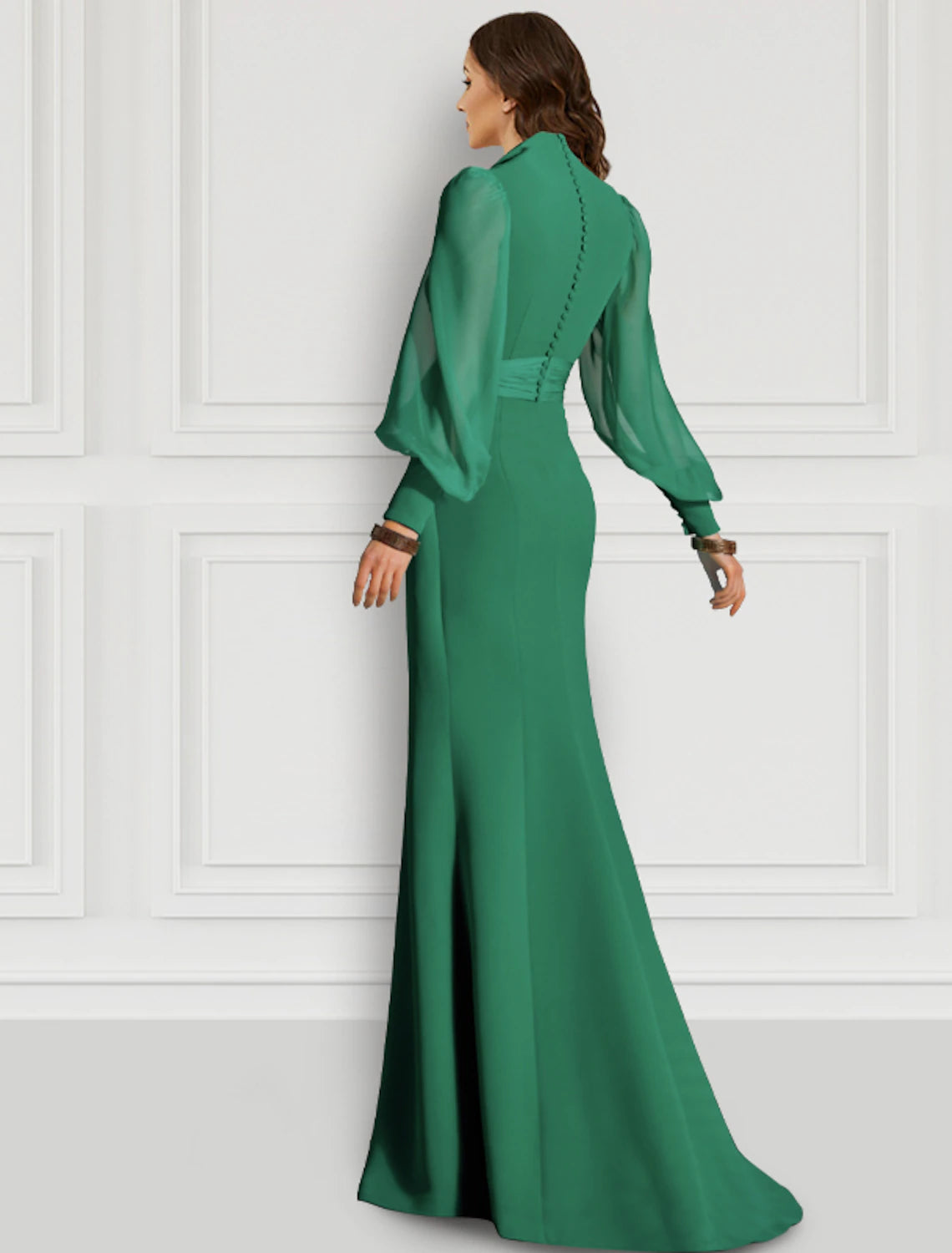 Sheath Evening Gown Sage Mother Elegant Dress Formal Sweep / Brush Train Long Sleeve V Neck Chiffon with Slit