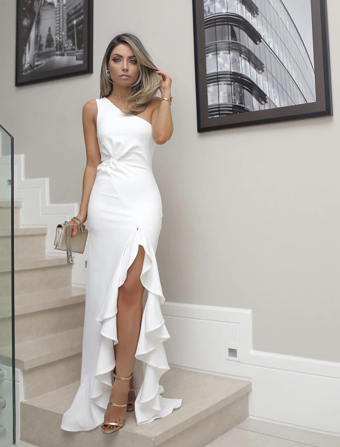 Mermaid / Trumpet Elegant Prom Formal Evening Birthday Dress One Shoulder Sleeveless Asymmetrical Lace with Pleats Appliques Split