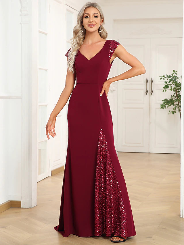 Mermaid / Trumpet Evening Gown Vintage Dress Party Wear Floor Length Short Sleeve V Neck Sequined with Pleats