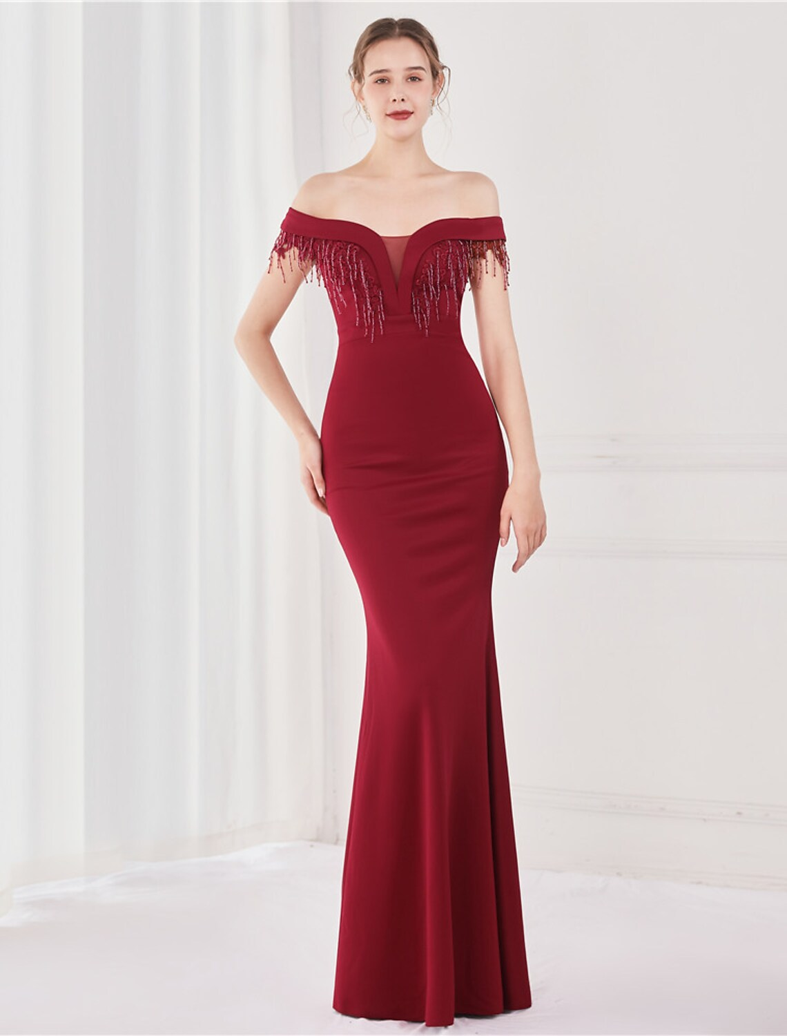 Mermaid / Trumpet Elegant Sexy Wedding Guest Formal Evening Dress Off Shoulder V Back Short Sleeve Floor Length Satin