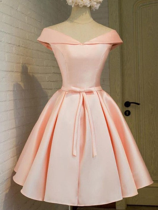 A-Line Off-The-Shoulder Sleeveless Satin Homecoming Dresses With Sash/Ribbon/Belt Short