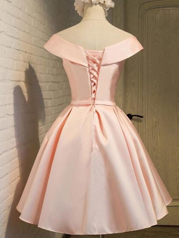 A-Line Off-The-Shoulder Sleeveless Satin Homecoming Dresses With Sash/Ribbon/Belt Short