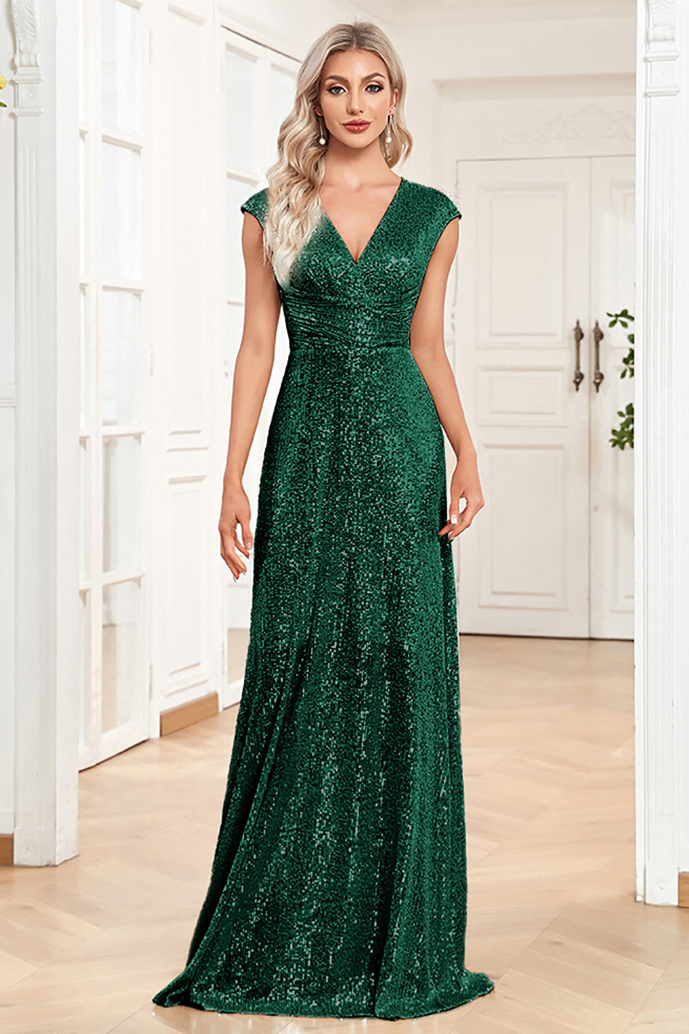 Sparkly A-Line Mother of the Bride Dress With Sleeveless V-neck Floor Length Sexy Evening Dresses
