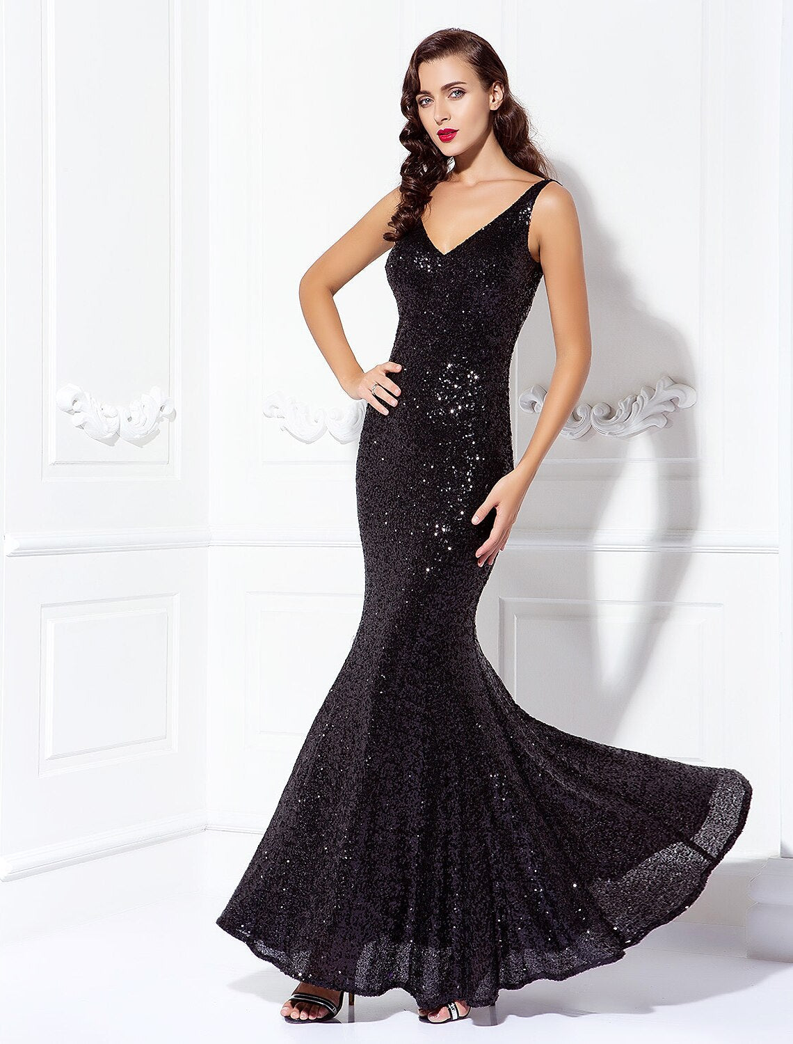 Sheath / Column Elegant Dress Wedding Guest Floor Length Sleeveless V Neck Sequined V Back