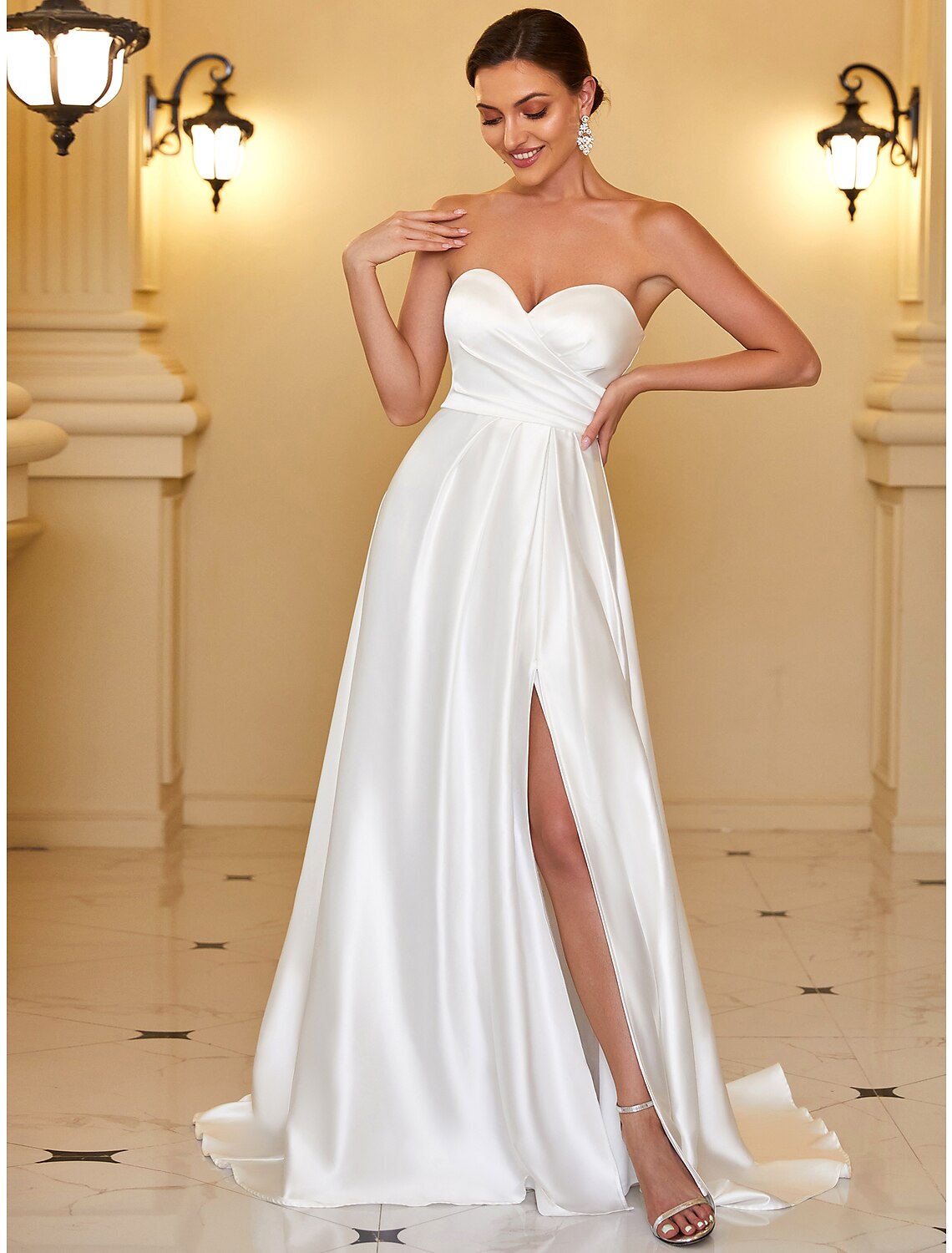 A-Line Evening Gown Minimalist Dress Wedding Guest Floor Length Sleeveless Strapless Satin Backless with Sleek