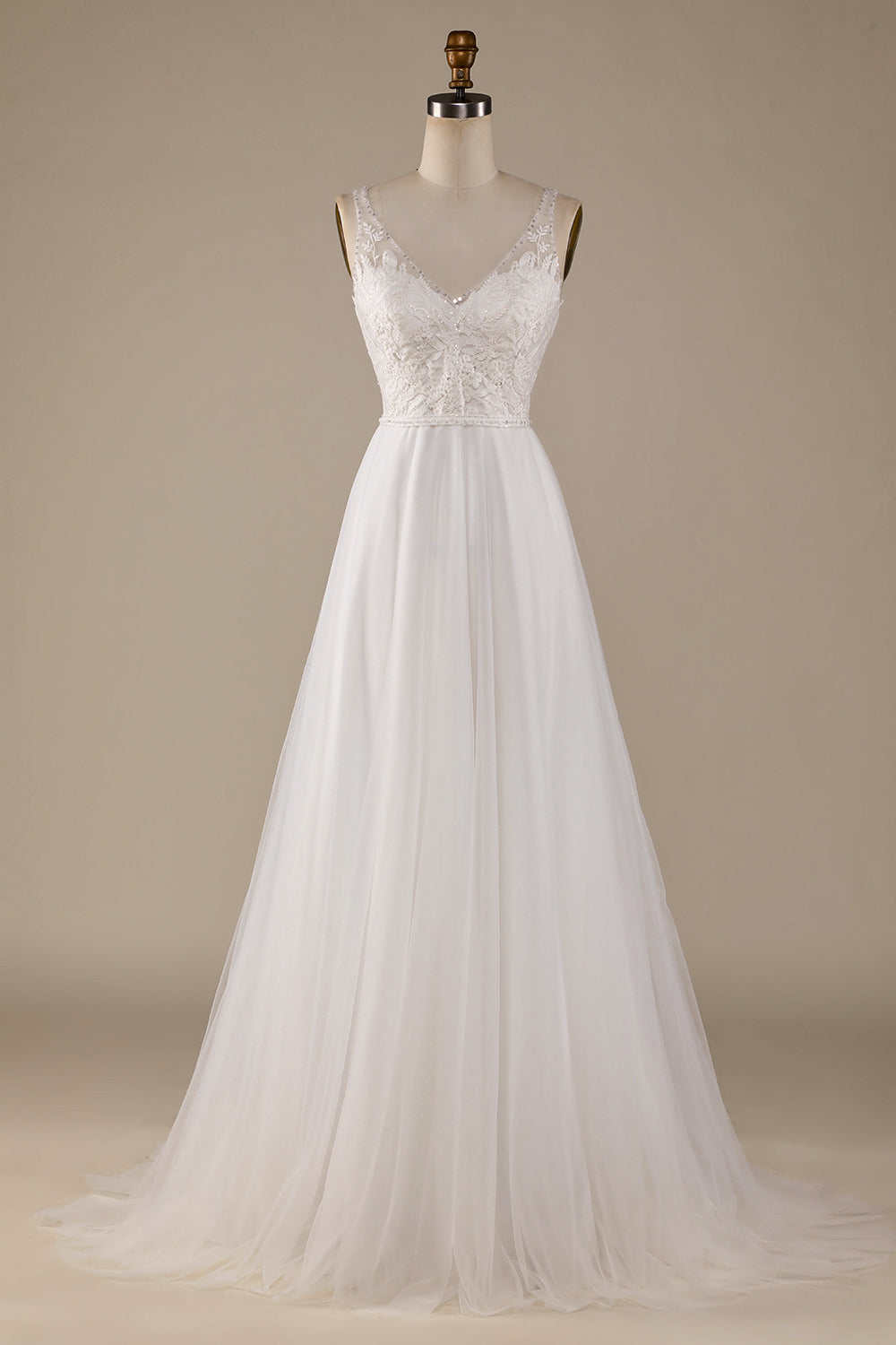 Ivory A Line V-Neck Tulle Sweep Train Wedding Dress with Lace Open Back