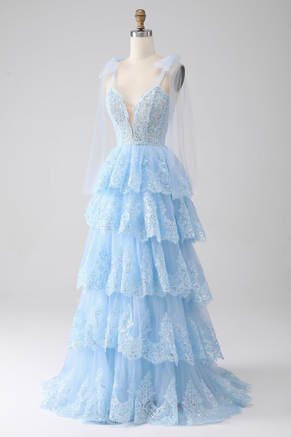 Spaghetti Straps Dark Blue Tiered Sequined Prom Dress with Appliques Sexy