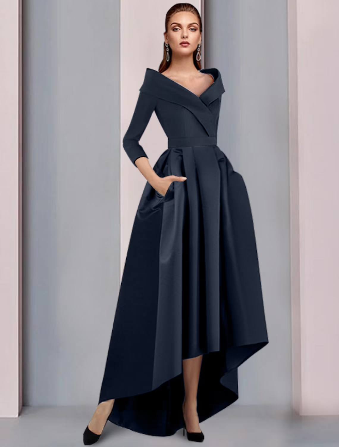 A-Line Mother of the Bride Dress Elegant High Low Sweet Spaghetti Strap Asymmetrical Tea Length Satin 3/4 Length Sleeve