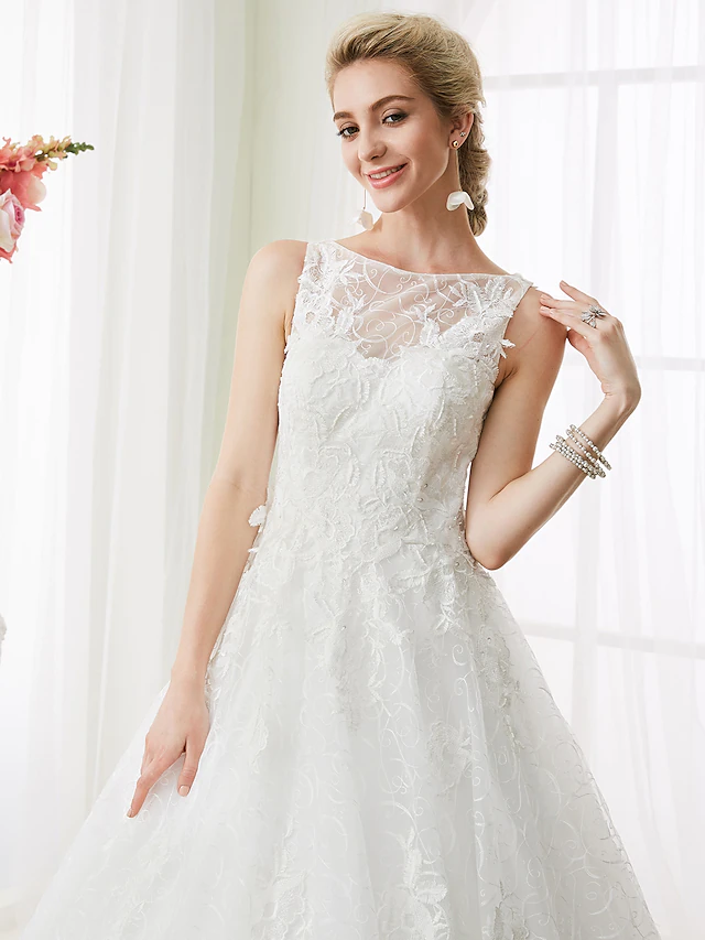 Ball Gown Wedding Dresses Bateau Neck Court Train Beaded Lace Regular Straps See-Through Beautiful Back with Beading