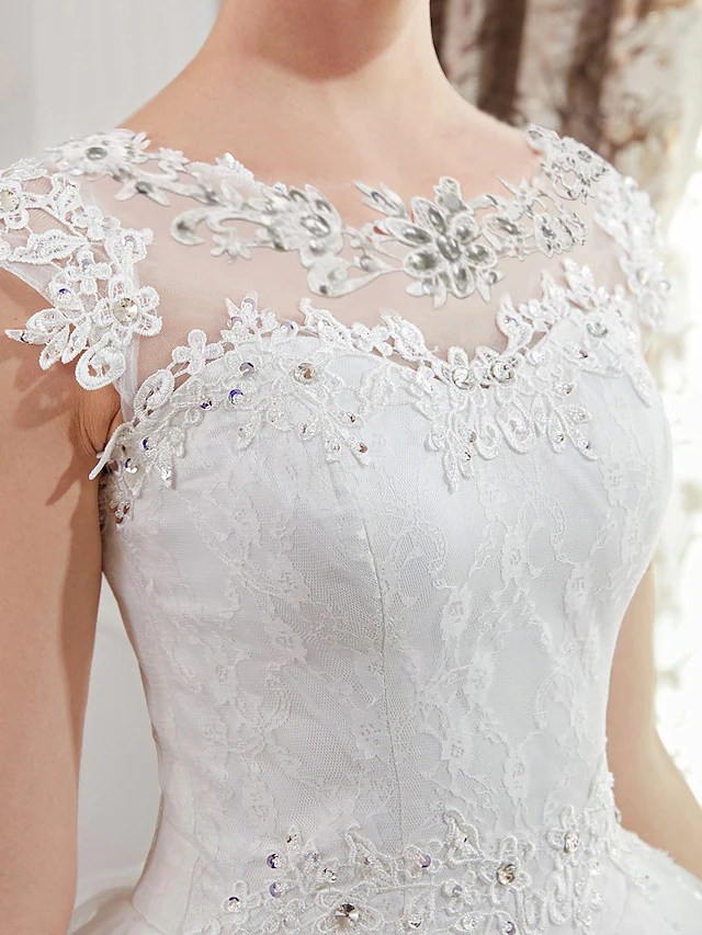 Ball Gown Wedding Dresses Jewel Neck Floor Length Lace Over Tulle Cap Sleeve Romantic Illusion Detail with Beading