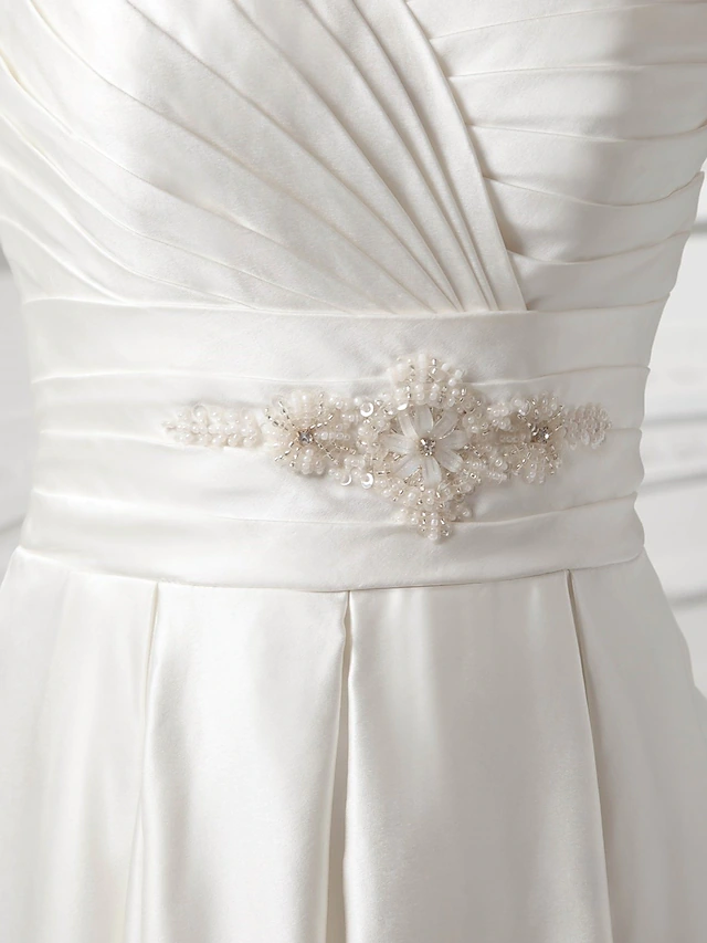 A-Line Wedding Dresses Sweetheart Neckline Court Train Satin Strapless with Buttons Ruched