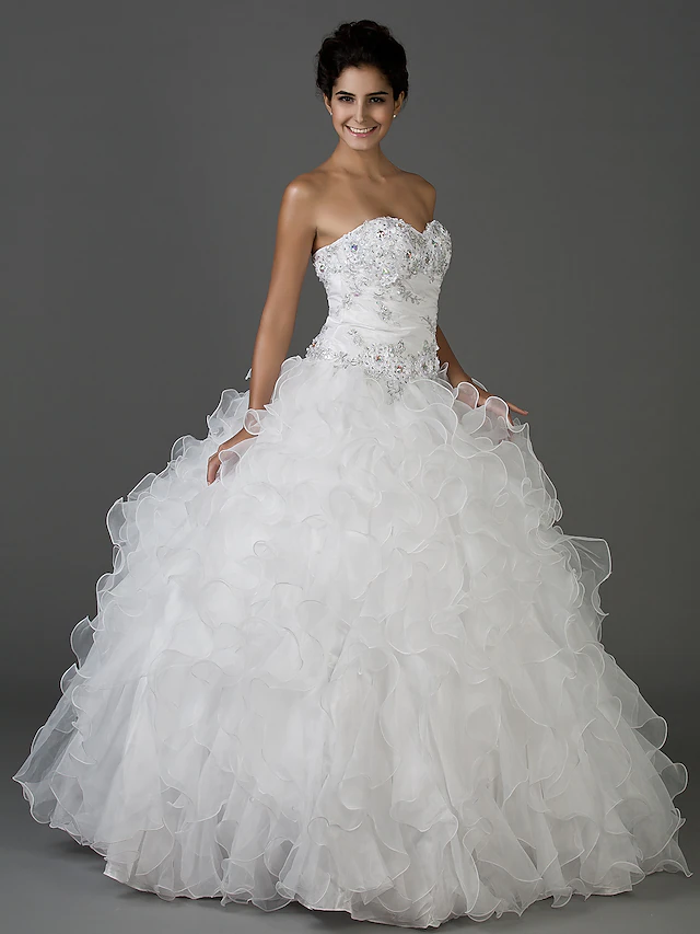 Ball Gown Wedding Dresses Sweetheart Neckline Strapless Floor Length Organza Taffeta Sleeveless Sparkle