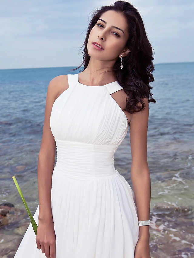 A-Line Wedding Dresses Jewel Neck Chiffon Regular Straps Formal Beach Plus Size with Ruched