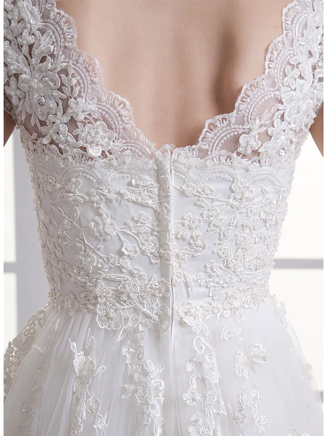A-Line Wedding Dresses Sweetheart Neckline Court Train Lace Satin Tulle Cap Sleeve with Beading