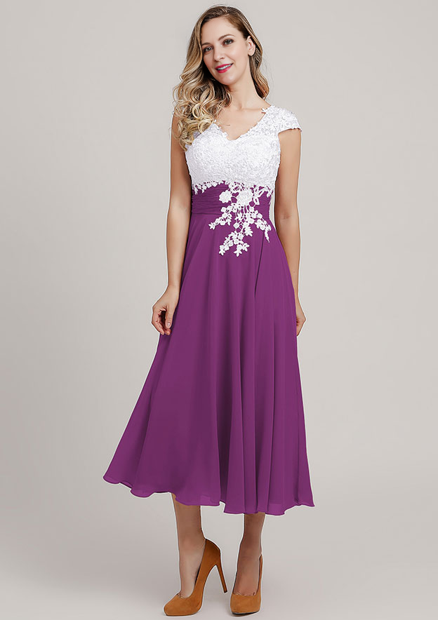 Chiffon Mother of the Bride Dress A-linePrincess V Neck Short Sleeve Tea-Length With Lace Short