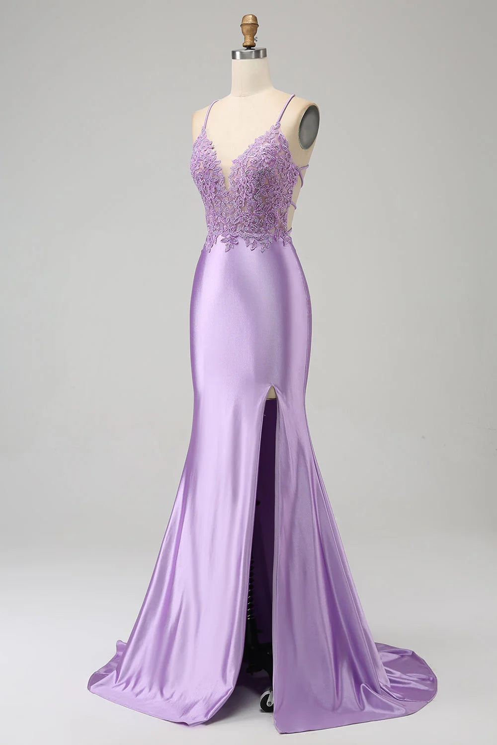 Mermaid Spaghetti Straps Long Prom Dress with Appliques Slit V-neck Pure Color