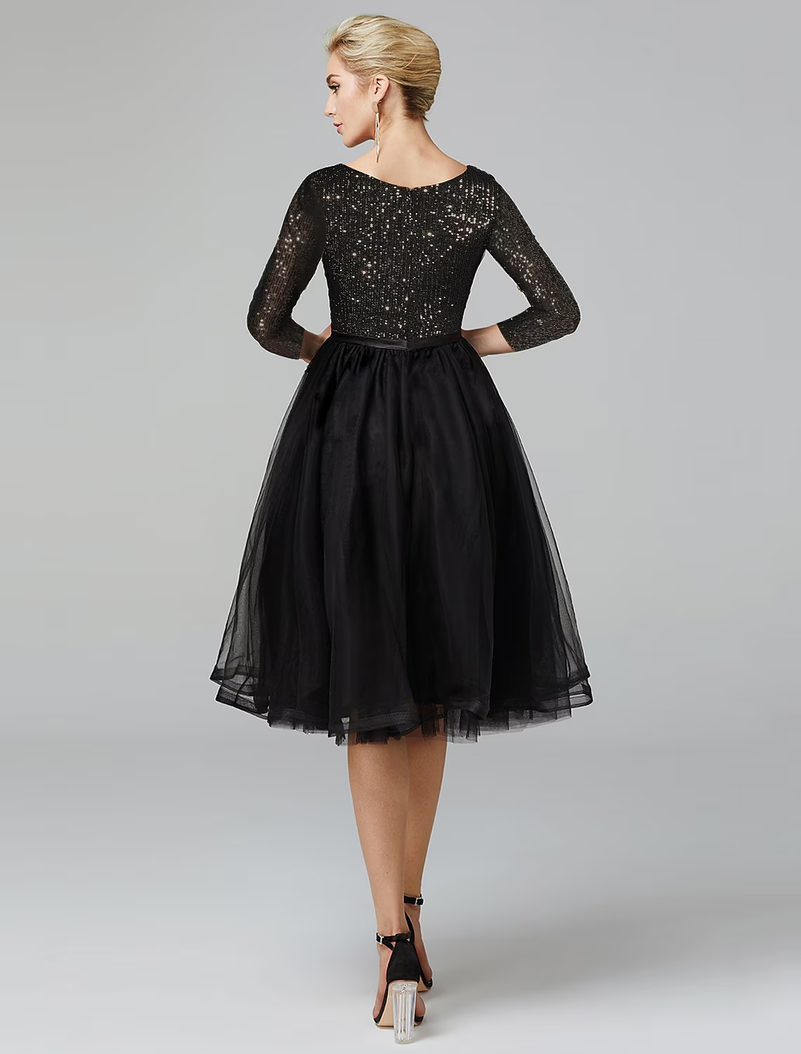 A-Line Cocktail Dresses Sparkle & Shine Dress Formal Tea Length 3/4 Length Sleeve Jewel Neck Tulle with Sequin