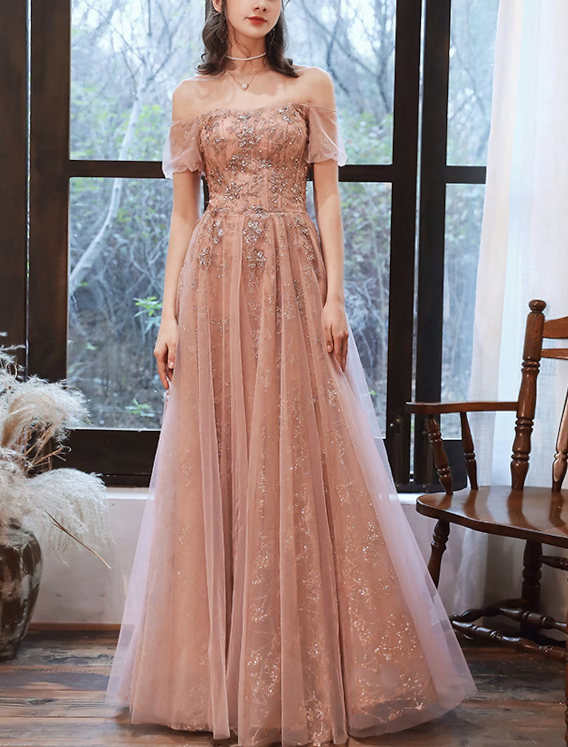 A-Line Evening Gown Glittering Dress Engagement Floor Length Short Sleeve Off Shoulder Spandex