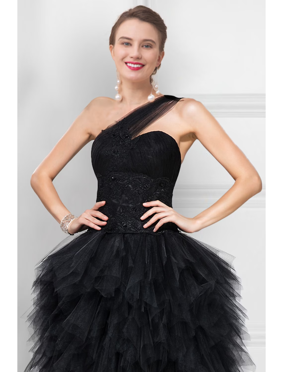 Ball Gown Prom Dresses Black Dress Masquerade Asymmetrical Sleeveless One Shoulder Tulle Ladder Back with