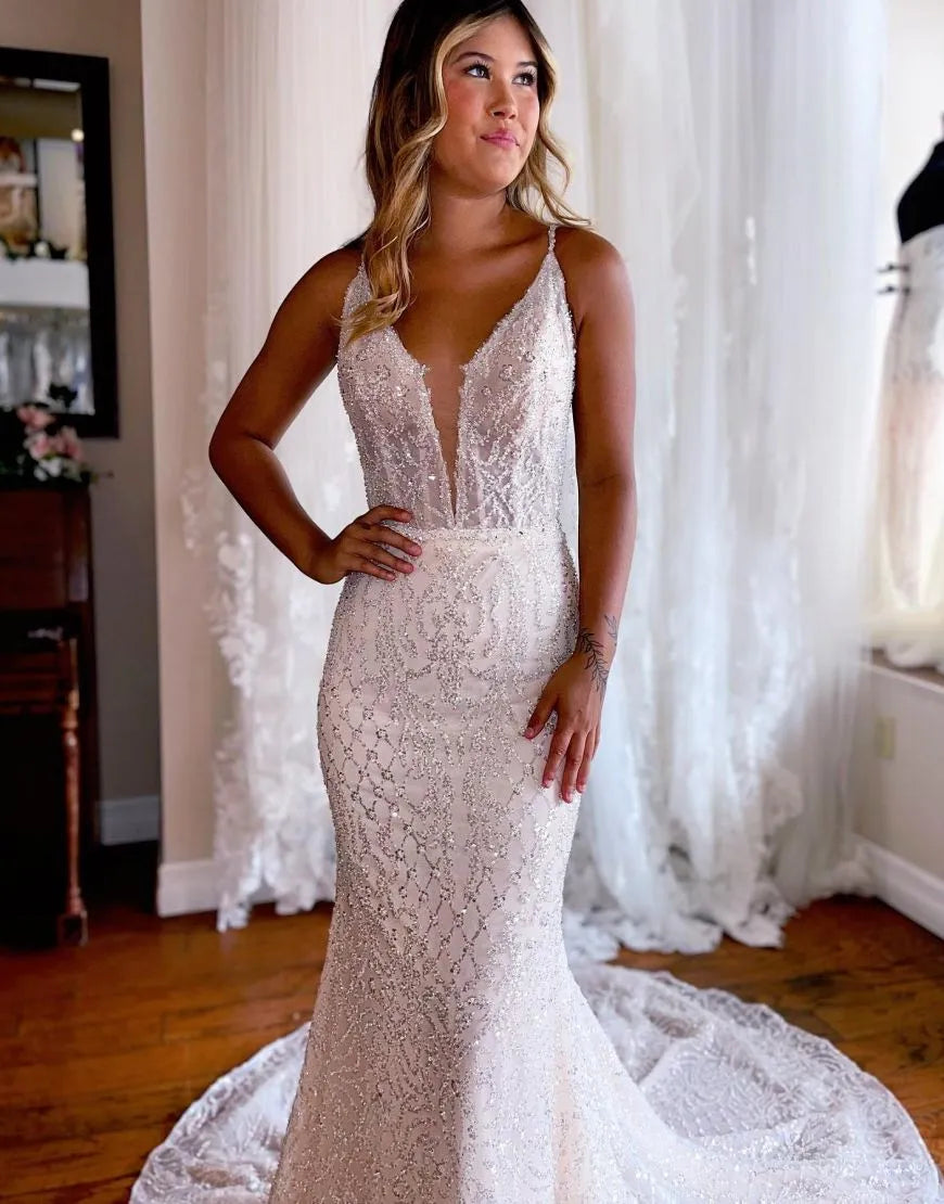 Mermaid Deep V Neck Wedding Dress Sparkly Sexy Long
