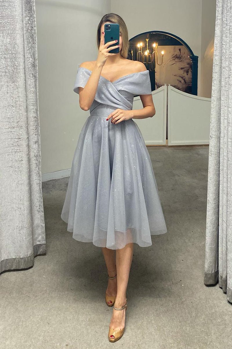 A-Line Off Shoulder Tea Length Tulle Homecoming Dress With Pleats Sparkly Party Dresses