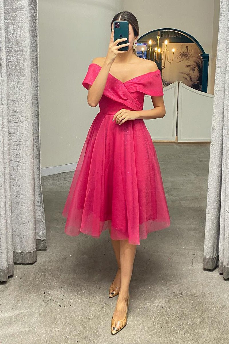 A-Line Off Shoulder Tea Length Tulle Homecoming Dress With Pleats Sparkly Party Dresses