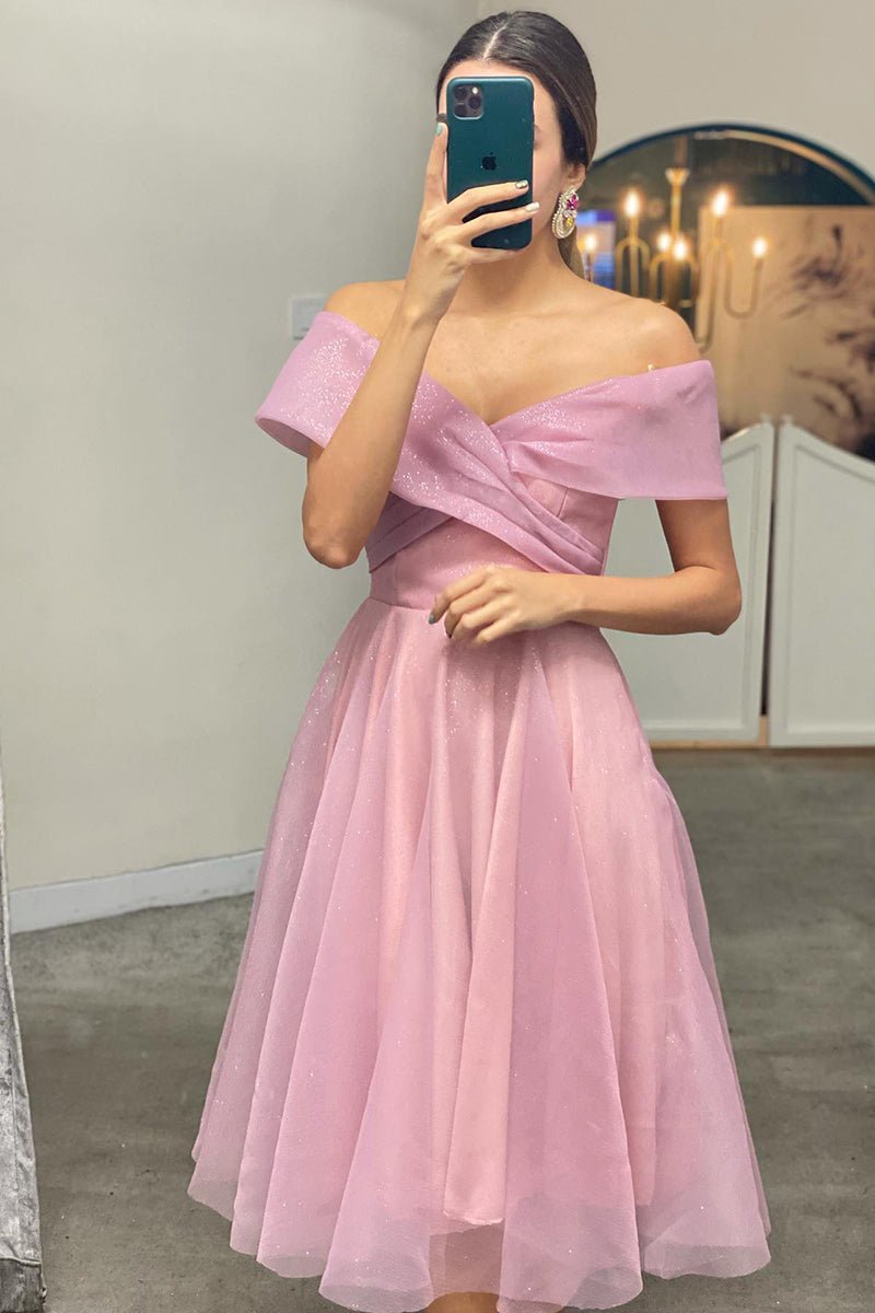 A-Line Off Shoulder Tea Length Tulle Homecoming Dress With Pleats Sparkly Party Dresses