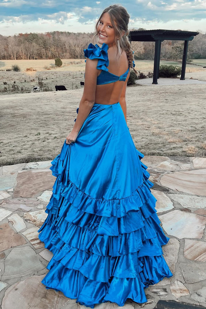 A-Line V Neck Cutout Ruffle Tiered Long Prom Dress with Slit Sexy