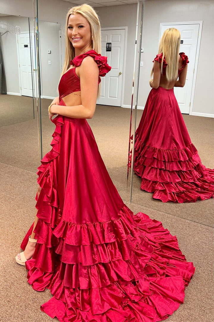 A-Line V Neck Cutout Ruffle Tiered Long Prom Dress with Slit Sexy
