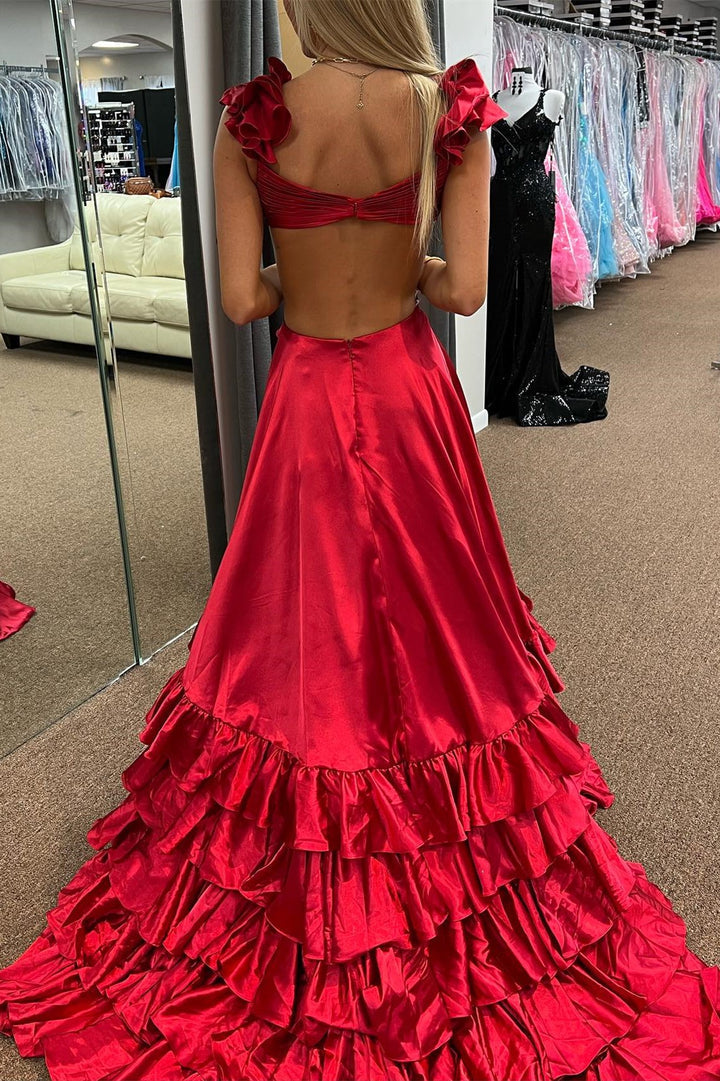 A-Line V Neck Cutout Ruffle Tiered Long Prom Dress with Slit Sexy