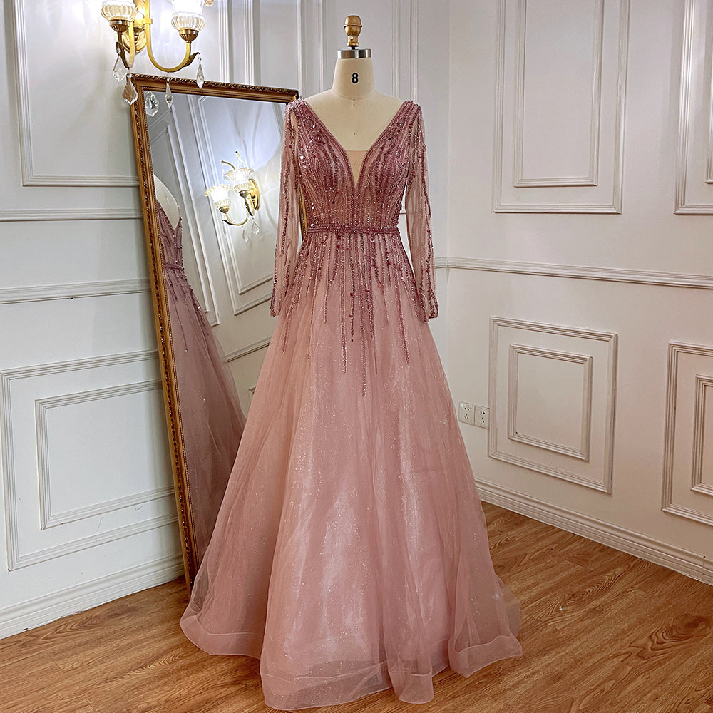 A-Line V-Neck Long Sleeves Tulle Crystal Sequined Beading Prom Dresses Sexy Evening Dresses