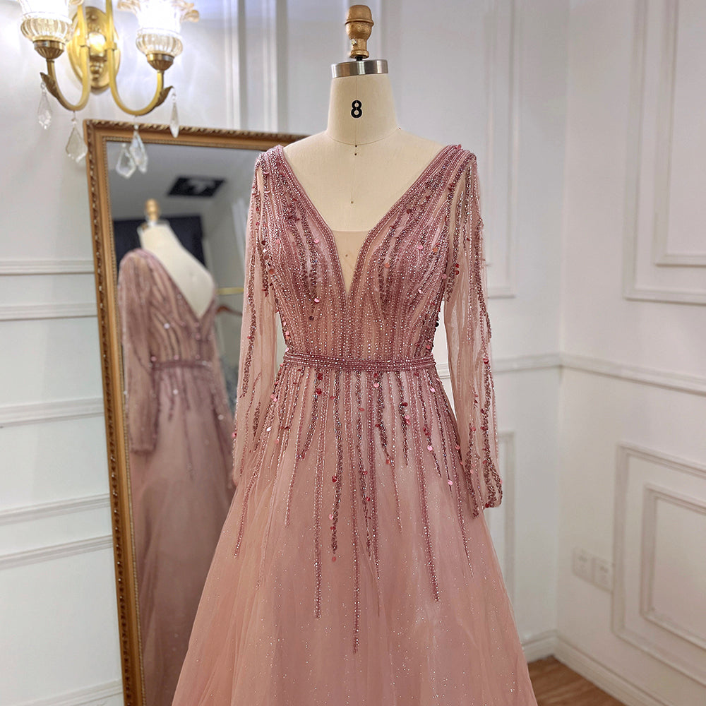 A-Line V-Neck Long Sleeves Tulle Crystal Sequined Beading Prom Dresses Sexy Evening Dresses