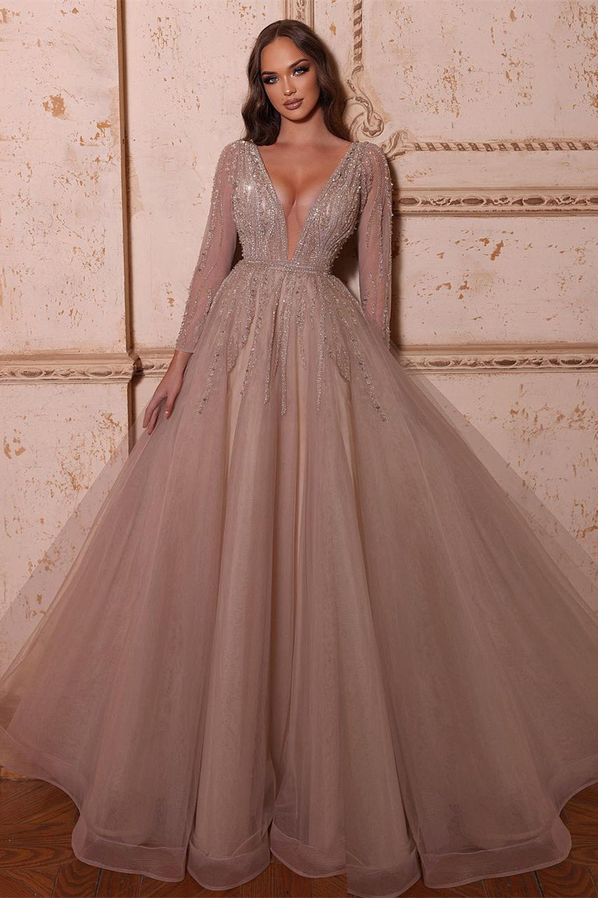 A-Line V-Neck Long Sleeves Tulle Crystal Sequined Beading Prom Dresses Sexy Evening Dresses