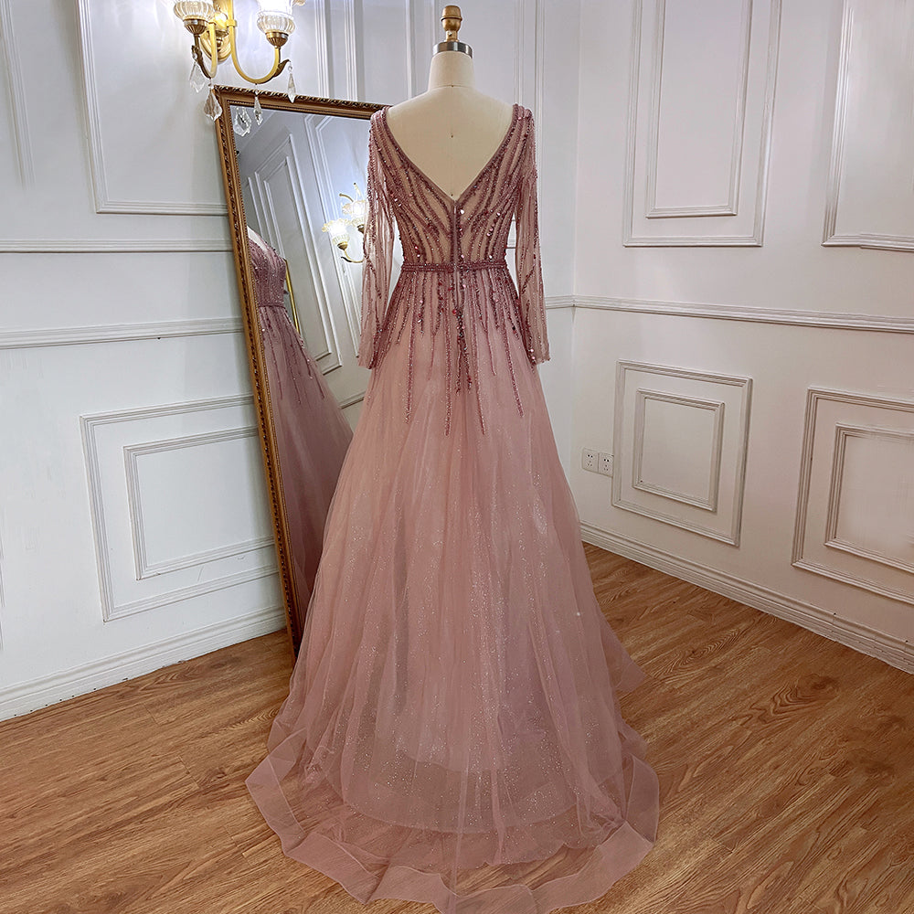 A-Line V-Neck Long Sleeves Tulle Crystal Sequined Beading Prom Dresses Sexy Evening Dresses