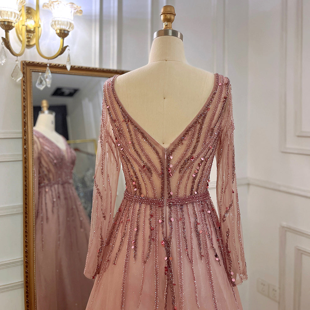 A-Line V-Neck Long Sleeves Tulle Crystal Sequined Beading Prom Dresses Sexy Evening Dresses