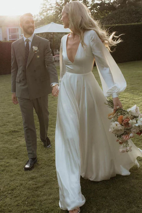 A-Line Long Sleeves Satin Wedding Dresses with V Neck Open Back Elegant