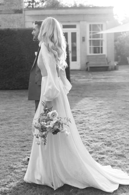 A-Line Long Sleeves Satin Wedding Dresses with V Neck Open Back Elegant