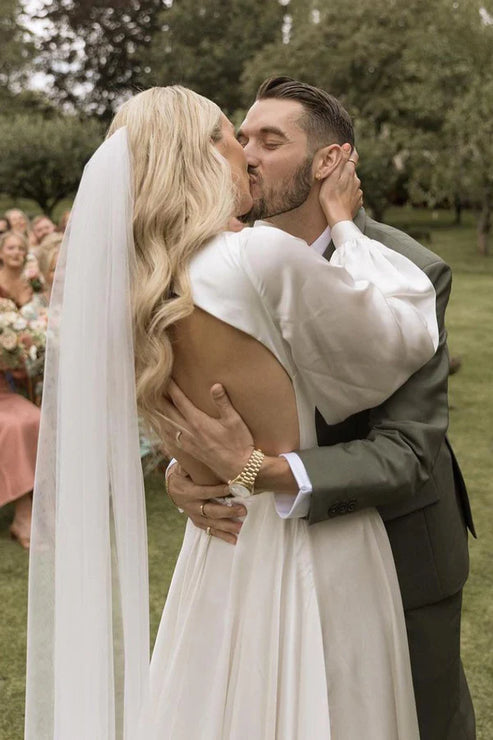 A-Line Long Sleeves Satin Wedding Dresses with V Neck Open Back Elegant