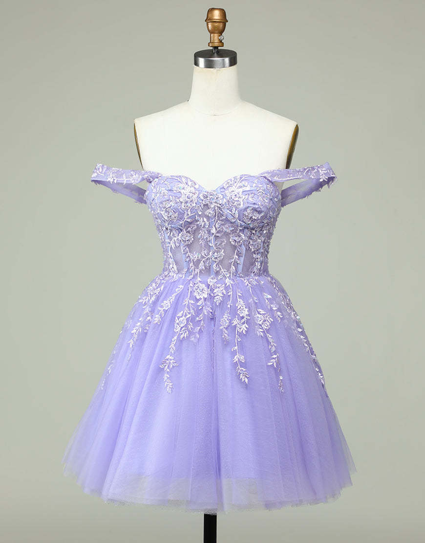 Lilac A-Line Off The Shoulder Short Tulle Dress With Appliques