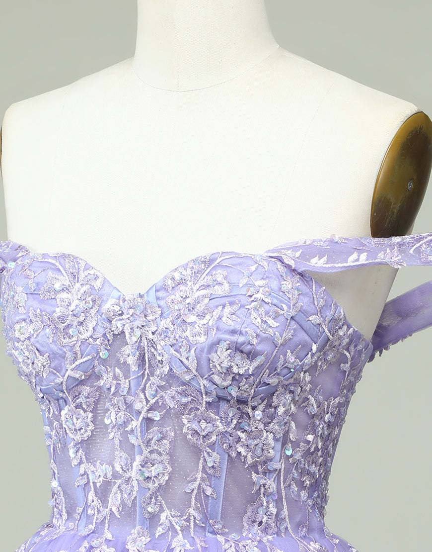 Lilac A-Line Off The Shoulder Short Tulle Dress With Appliques