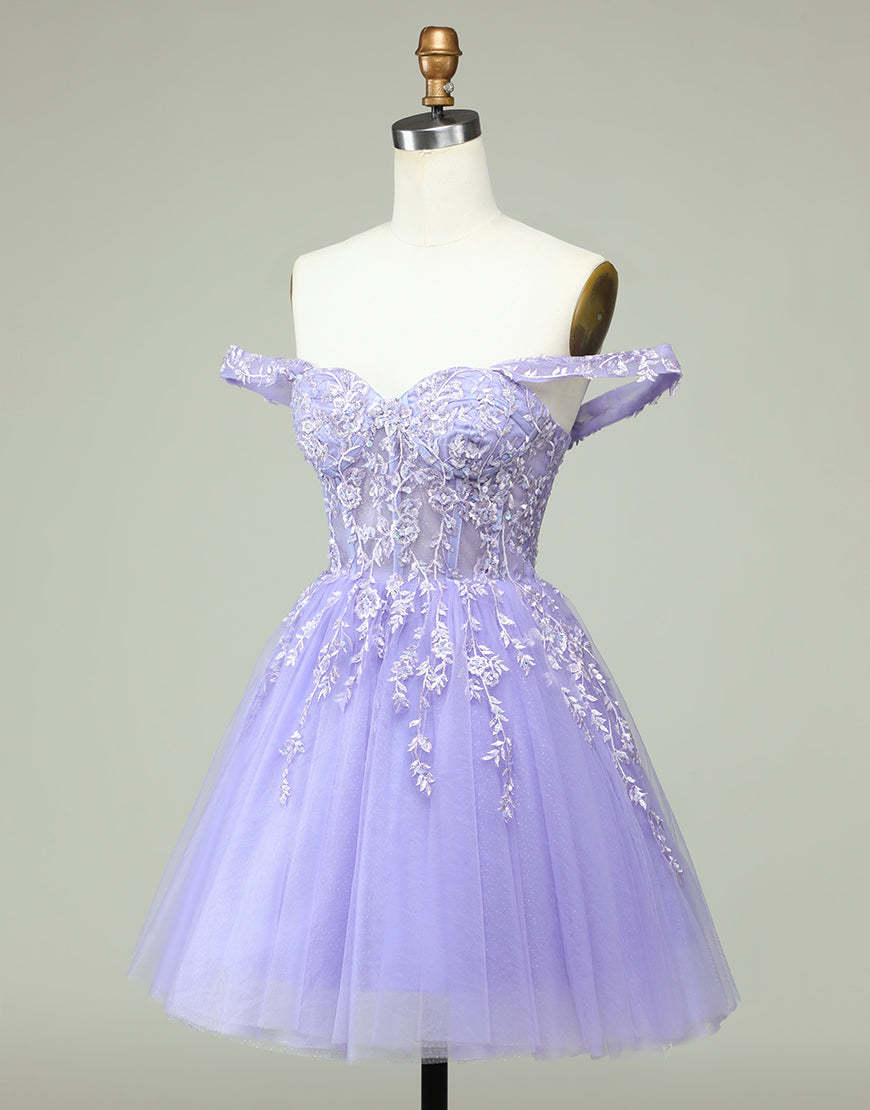 Lilac A-Line Off The Shoulder Short Tulle Dress With Appliques