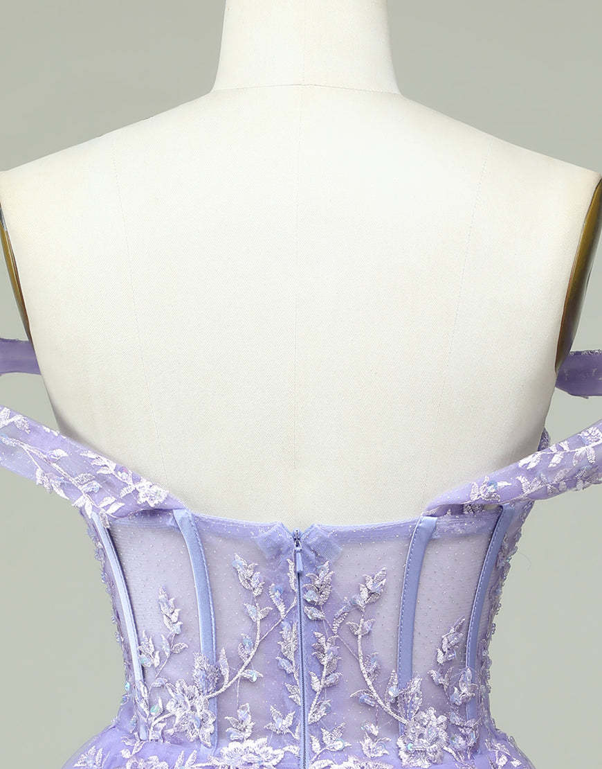 Lilac A-Line Off The Shoulder Short Tulle Dress With Appliques