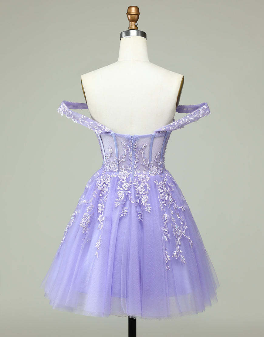 Lilac A-Line Off The Shoulder Short Tulle Dress With Appliques