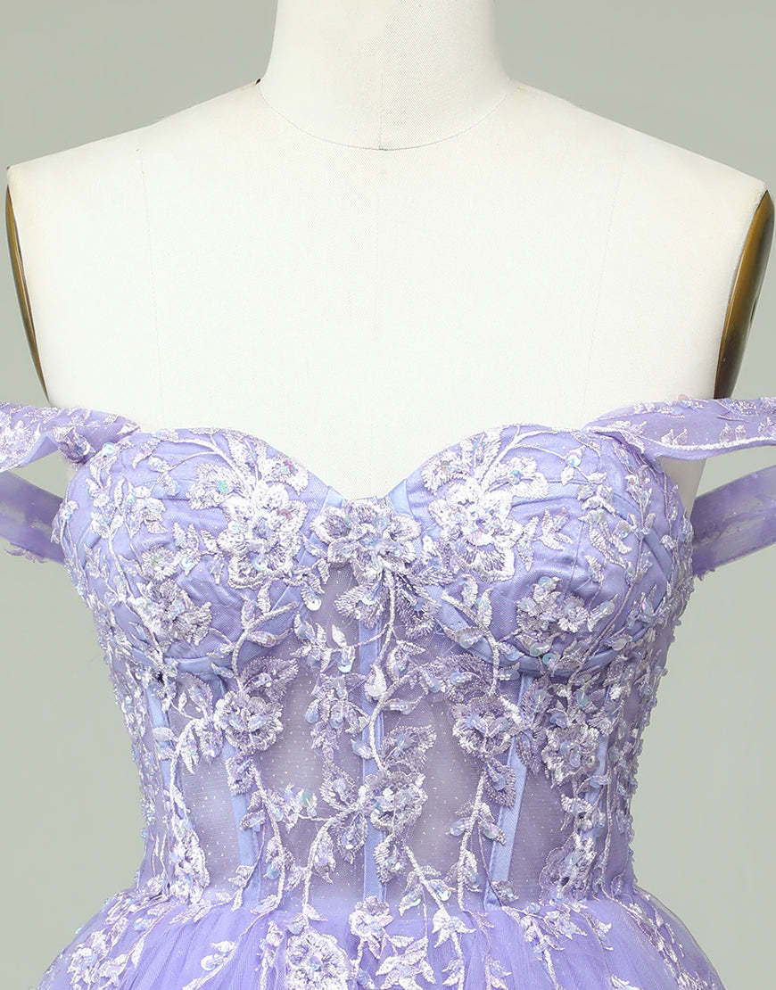 Lilac A-Line Off The Shoulder Short Tulle Dress With Appliques